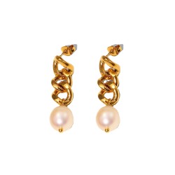 18K Gold Plated Pearl Drop Earrings Stainless Steel Cuban Chain Freshwater Pearl Earrings